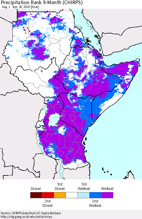 Eastern Africa Precipitation Rank since 1981, 9-Month (CHIRPS) Thematic Map For 8/1/2019 - 4/30/2020