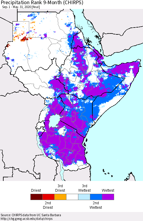 Eastern Africa Precipitation Rank since 1981, 9-Month (CHIRPS) Thematic Map For 9/1/2019 - 5/31/2020