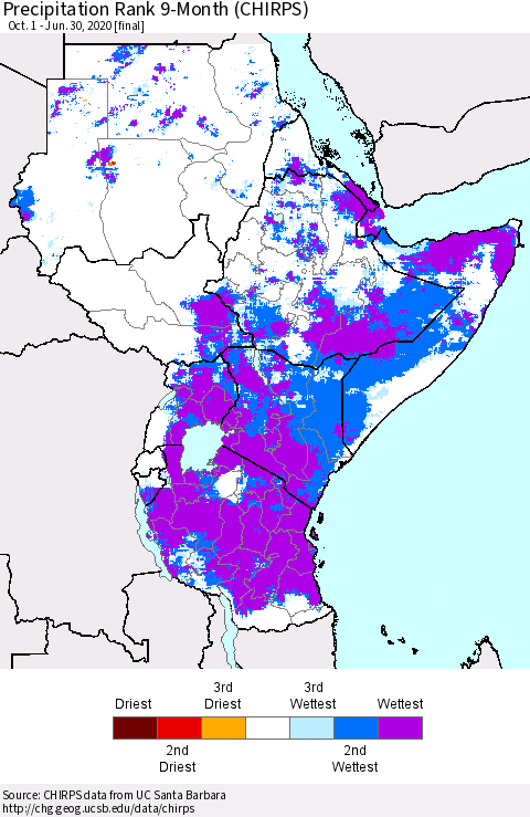 Eastern Africa Precipitation Rank since 1981, 9-Month (CHIRPS) Thematic Map For 10/1/2019 - 6/30/2020