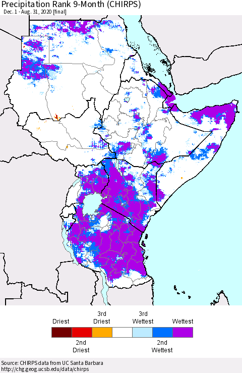 Eastern Africa Precipitation Rank 9-Month (CHIRPS) Thematic Map For 12/1/2019 - 8/31/2020