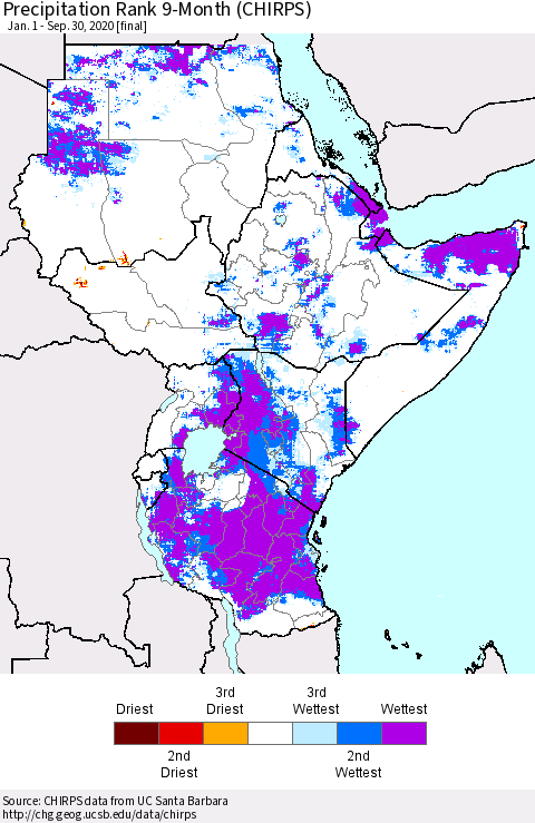 Eastern Africa Precipitation Rank 9-Month (CHIRPS) Thematic Map For 1/1/2020 - 9/30/2020