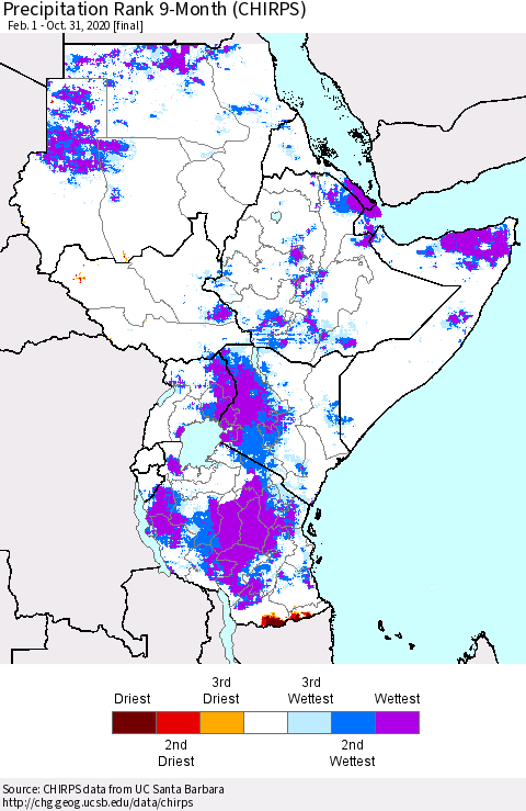 Eastern Africa Precipitation Rank 9-Month (CHIRPS) Thematic Map For 2/1/2020 - 10/31/2020