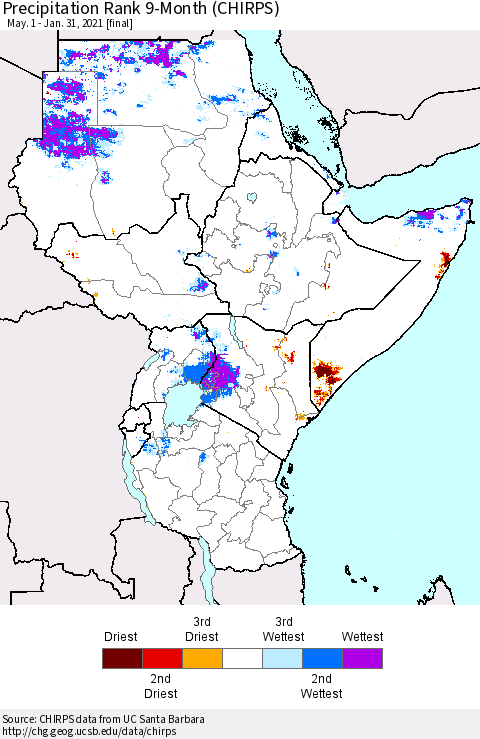 Eastern Africa Precipitation Rank 9-Month (CHIRPS) Thematic Map For 5/1/2020 - 1/31/2021