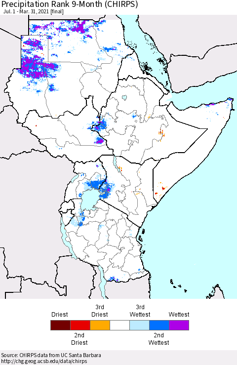 Eastern Africa Precipitation Rank since 1981, 9-Month (CHIRPS) Thematic Map For 7/1/2020 - 3/31/2021