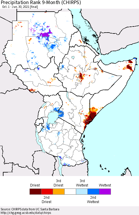 Eastern Africa Precipitation Rank since 1981, 9-Month (CHIRPS) Thematic Map For 10/1/2020 - 6/30/2021