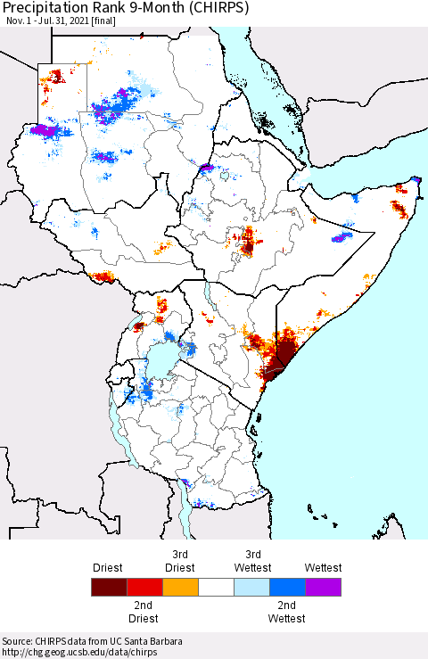Eastern Africa Precipitation Rank since 1981, 9-Month (CHIRPS) Thematic Map For 11/1/2020 - 7/31/2021
