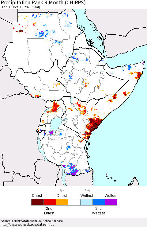 Eastern Africa Precipitation Rank 9-Month (CHIRPS) Thematic Map For 2/1/2021 - 10/31/2021