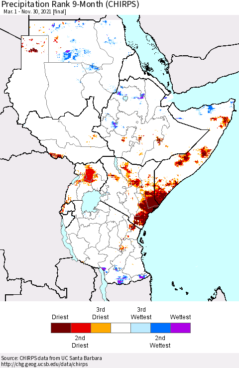 Eastern Africa Precipitation Rank 9-Month (CHIRPS) Thematic Map For 3/1/2021 - 11/30/2021