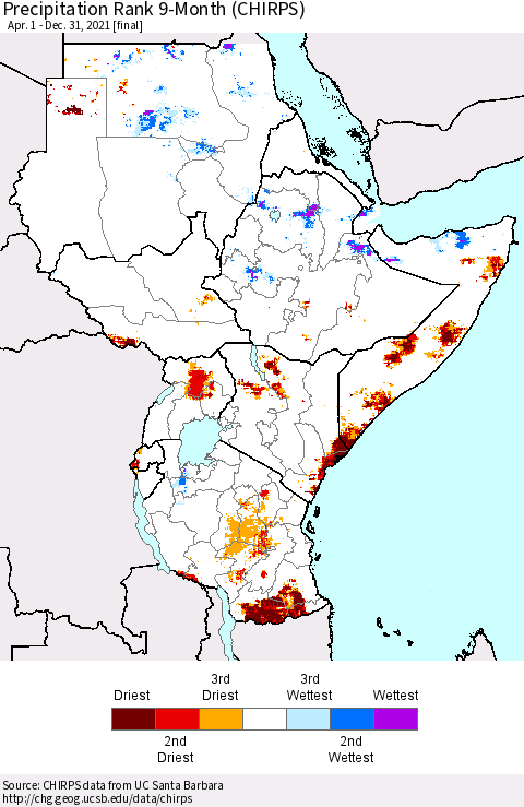Eastern Africa Precipitation Rank 9-Month (CHIRPS) Thematic Map For 4/1/2021 - 12/31/2021