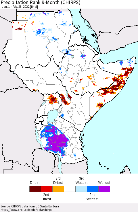 Eastern Africa Precipitation Rank 9-Month (CHIRPS) Thematic Map For 6/1/2021 - 2/28/2022