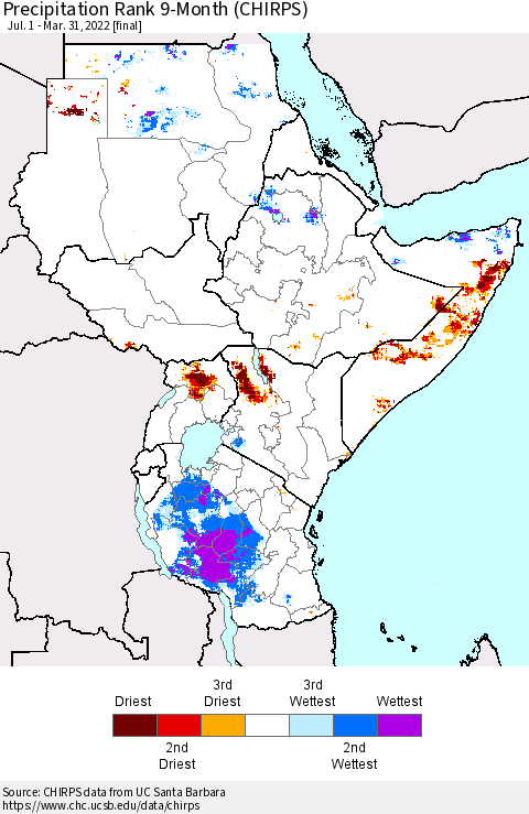 Eastern Africa Precipitation Rank 9-Month (CHIRPS) Thematic Map For 7/1/2021 - 3/31/2022