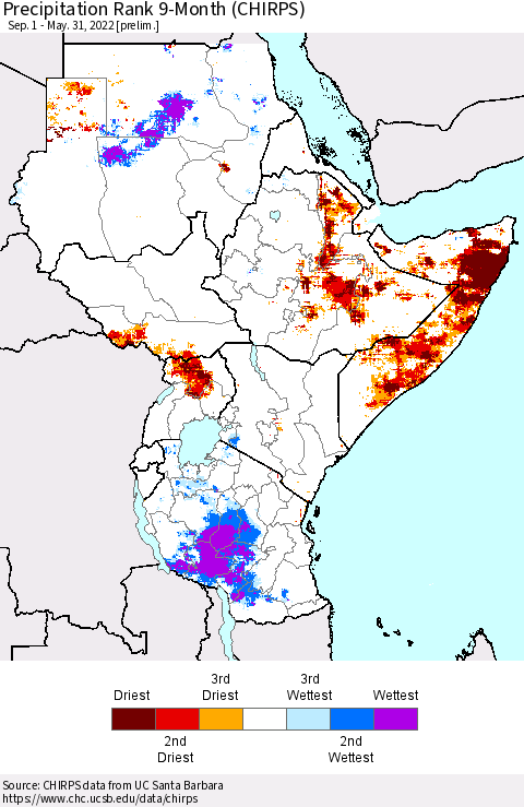 Eastern Africa Precipitation Rank 9-Month (CHIRPS) Thematic Map For 9/1/2021 - 5/31/2022