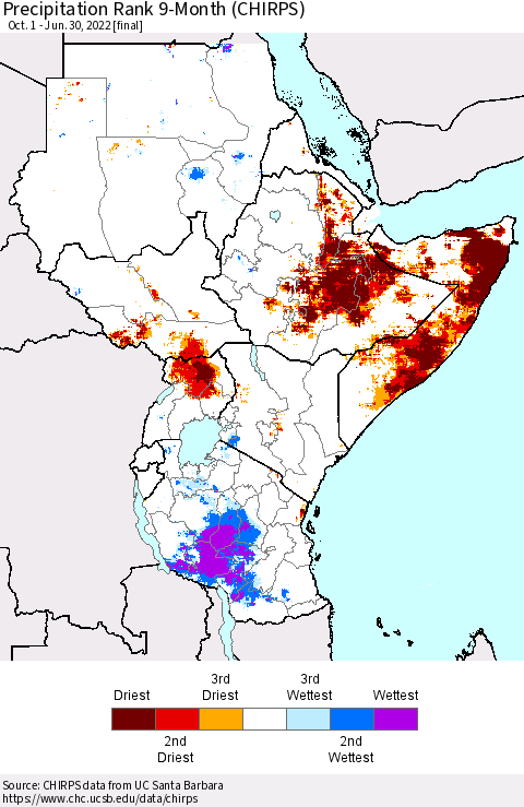 Eastern Africa Precipitation Rank 9-Month (CHIRPS) Thematic Map For 10/1/2021 - 6/30/2022
