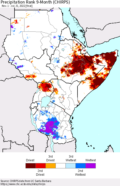 Eastern Africa Precipitation Rank since 1981, 9-Month (CHIRPS) Thematic Map For 11/1/2021 - 7/31/2022