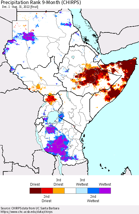Eastern Africa Precipitation Rank since 1981, 9-Month (CHIRPS) Thematic Map For 12/1/2021 - 8/31/2022