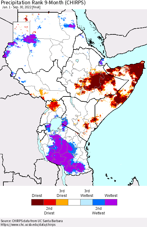 Eastern Africa Precipitation Rank since 1981, 9-Month (CHIRPS) Thematic Map For 1/1/2022 - 9/30/2022