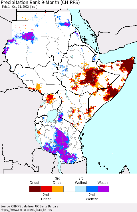 Eastern Africa Precipitation Rank since 1981, 9-Month (CHIRPS) Thematic Map For 2/1/2022 - 10/31/2022