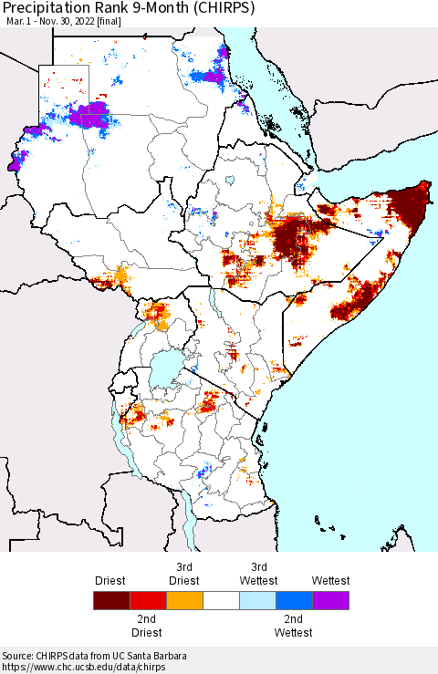 Eastern Africa Precipitation Rank since 1981, 9-Month (CHIRPS) Thematic Map For 3/1/2022 - 11/30/2022
