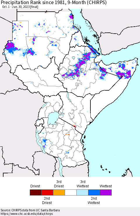 Eastern Africa Precipitation Rank since 1981, 9-Month (CHIRPS) Thematic Map For 10/1/2022 - 6/30/2023