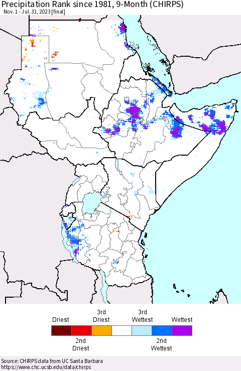 Eastern Africa Precipitation Rank since 1981, 9-Month (CHIRPS) Thematic Map For 11/1/2022 - 7/31/2023