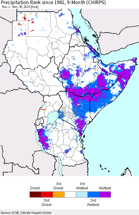 Eastern Africa Precipitation Rank since 1981, 9-Month (CHIRPS) Thematic Map For 3/1/2023 - 11/30/2023