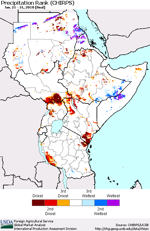 Eastern Africa Precipitation Rank since 1981 (CHIRPS) Thematic Map For 1/21/2018 - 1/31/2018