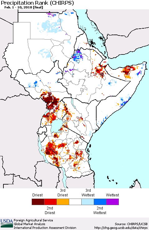 Eastern Africa Precipitation Rank since 1981 (CHIRPS) Thematic Map For 2/1/2018 - 2/10/2018