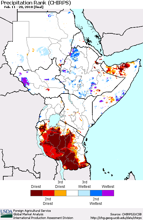 Eastern Africa Precipitation Rank since 1981 (CHIRPS) Thematic Map For 2/11/2018 - 2/20/2018