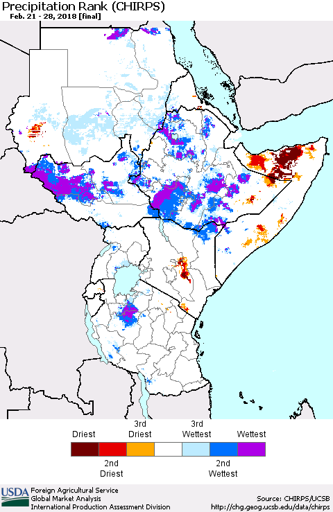 Eastern Africa Precipitation Rank since 1981 (CHIRPS) Thematic Map For 2/21/2018 - 2/28/2018