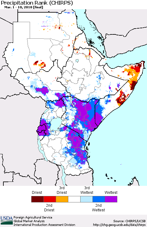 Eastern Africa Precipitation Rank since 1981 (CHIRPS) Thematic Map For 3/1/2018 - 3/10/2018