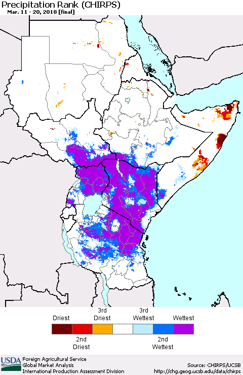 Eastern Africa Precipitation Rank since 1981 (CHIRPS) Thematic Map For 3/11/2018 - 3/20/2018