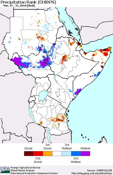 Eastern Africa Precipitation Rank since 1981 (CHIRPS) Thematic Map For 3/21/2018 - 3/31/2018