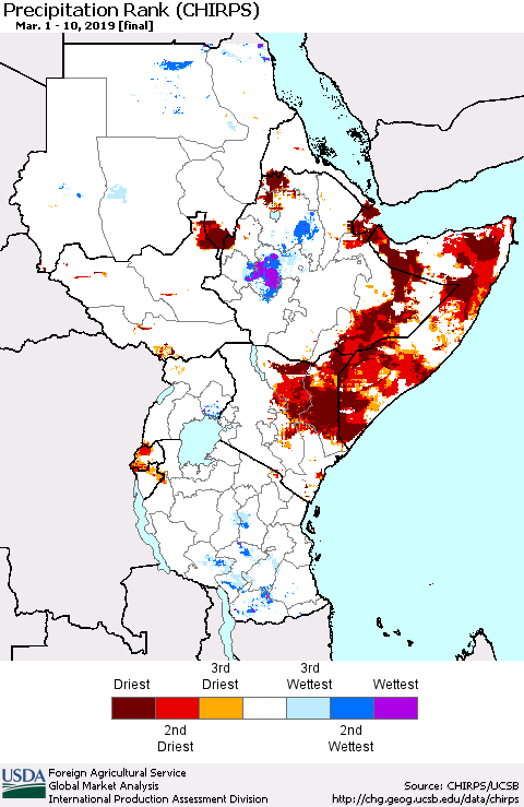 Eastern Africa Precipitation Rank since 1981 (CHIRPS) Thematic Map For 3/1/2019 - 3/10/2019