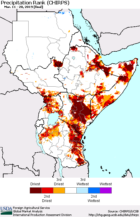 Eastern Africa Precipitation Rank since 1981 (CHIRPS) Thematic Map For 3/11/2019 - 3/20/2019