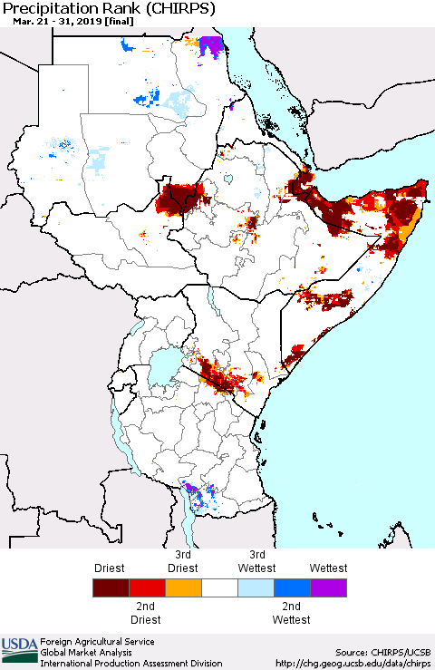 Eastern Africa Precipitation Rank since 1981 (CHIRPS) Thematic Map For 3/21/2019 - 3/31/2019