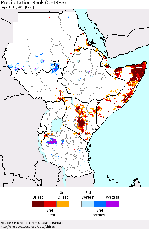 Eastern Africa Precipitation Rank since 1981 (CHIRPS) Thematic Map For 4/1/2019 - 4/10/2019