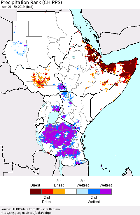 Eastern Africa Precipitation Rank since 1981 (CHIRPS) Thematic Map For 4/21/2019 - 4/30/2019