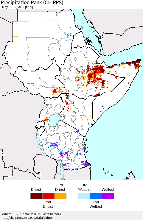 Eastern Africa Precipitation Rank since 1981 (CHIRPS) Thematic Map For 5/1/2019 - 5/10/2019