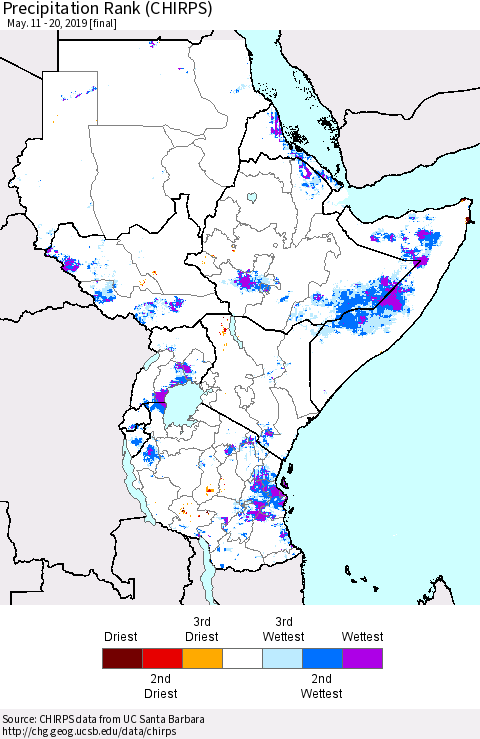 Eastern Africa Precipitation Rank since 1981 (CHIRPS) Thematic Map For 5/11/2019 - 5/20/2019