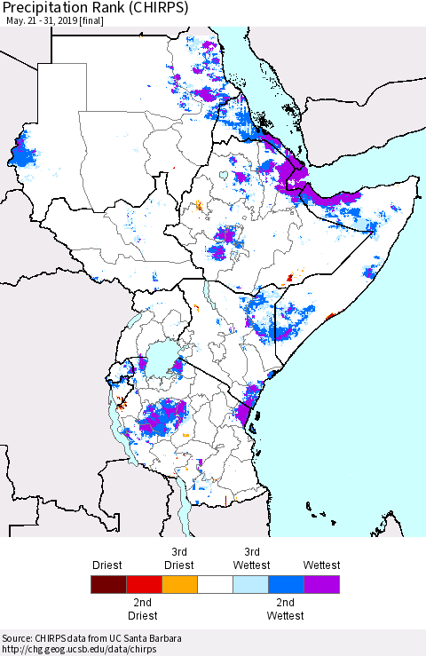 Eastern Africa Precipitation Rank since 1981 (CHIRPS) Thematic Map For 5/21/2019 - 5/31/2019