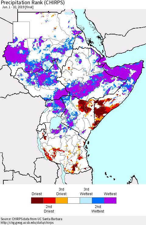 Eastern Africa Precipitation Rank since 1981 (CHIRPS) Thematic Map For 6/1/2019 - 6/10/2019
