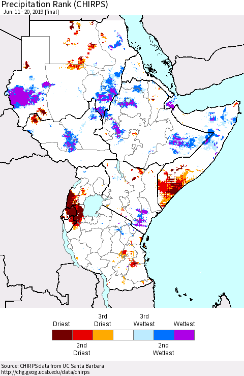 Eastern Africa Precipitation Rank since 1981 (CHIRPS) Thematic Map For 6/11/2019 - 6/20/2019
