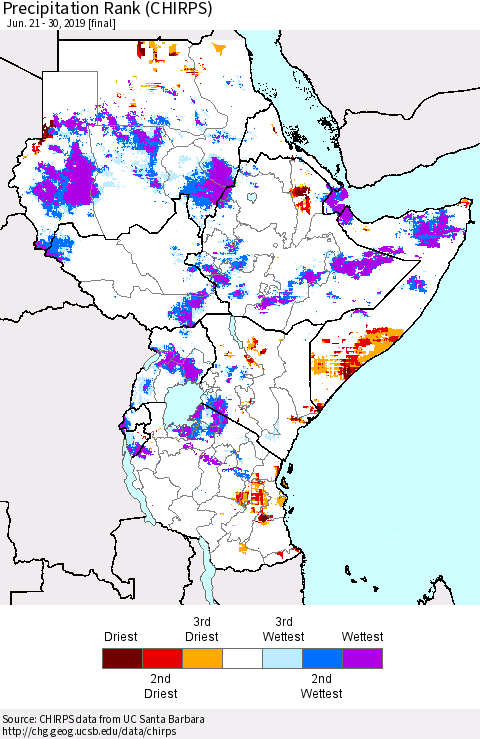 Eastern Africa Precipitation Rank since 1981 (CHIRPS) Thematic Map For 6/21/2019 - 6/30/2019
