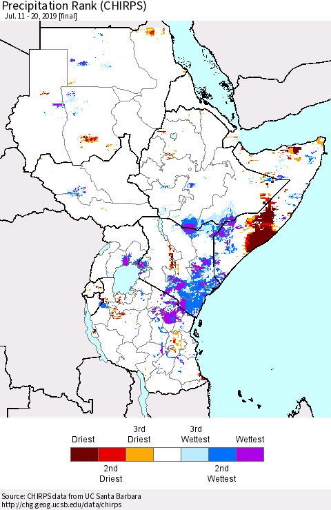 Eastern Africa Precipitation Rank since 1981 (CHIRPS) Thematic Map For 7/11/2019 - 7/20/2019