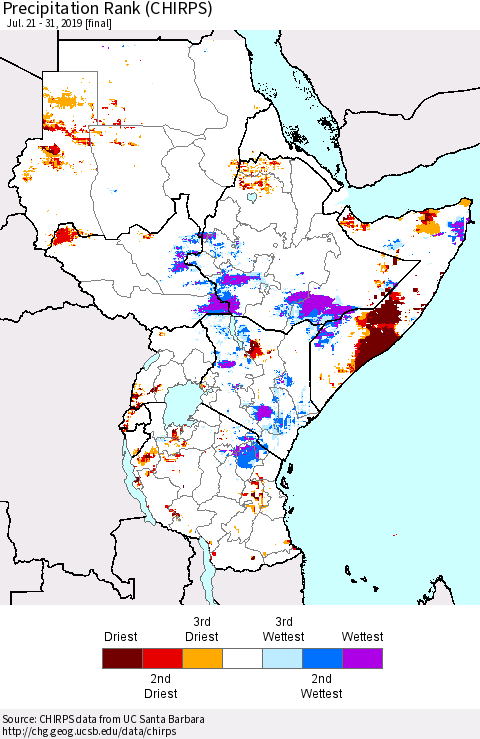 Eastern Africa Precipitation Rank since 1981 (CHIRPS) Thematic Map For 7/21/2019 - 7/31/2019