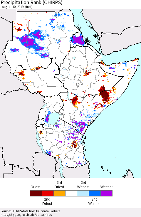 Eastern Africa Precipitation Rank since 1981 (CHIRPS) Thematic Map For 8/1/2019 - 8/10/2019