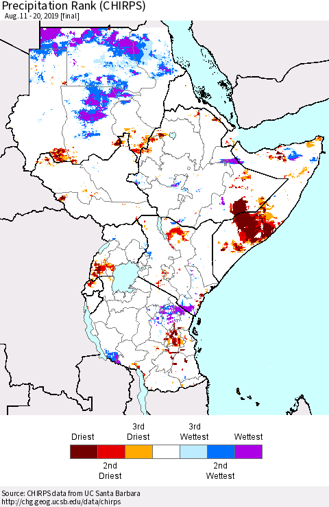 Eastern Africa Precipitation Rank since 1981 (CHIRPS) Thematic Map For 8/11/2019 - 8/20/2019