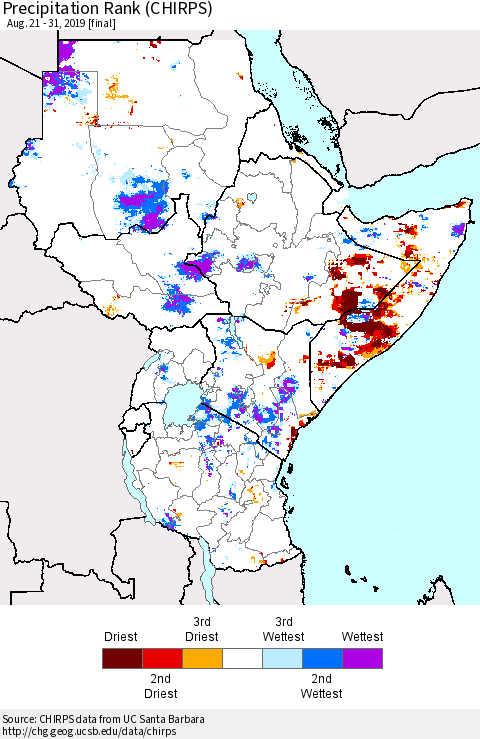 Eastern Africa Precipitation Rank since 1981 (CHIRPS) Thematic Map For 8/21/2019 - 8/31/2019