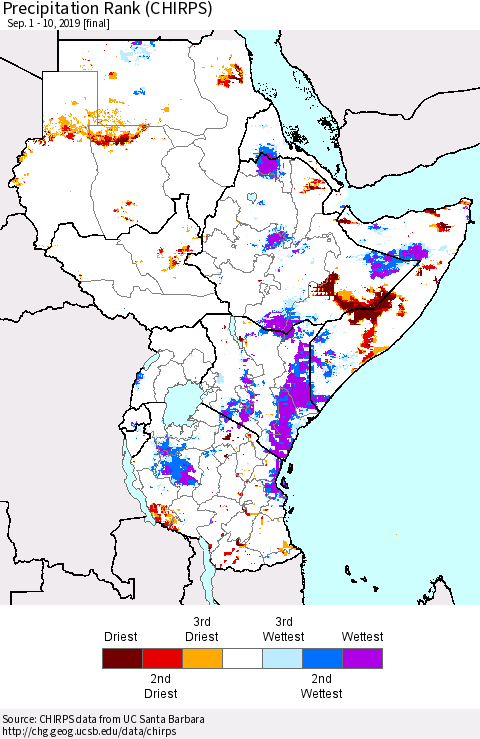 Eastern Africa Precipitation Rank since 1981 (CHIRPS) Thematic Map For 9/1/2019 - 9/10/2019