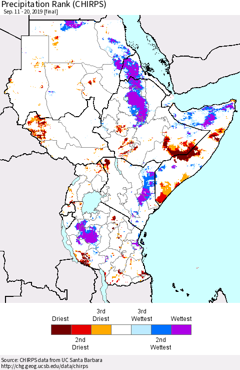 Eastern Africa Precipitation Rank since 1981 (CHIRPS) Thematic Map For 9/11/2019 - 9/20/2019